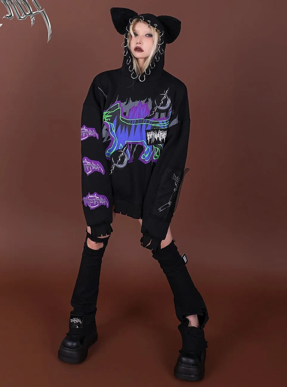 PINKSPINK Cat-Eared Neon Skeleton Hoodie - Black