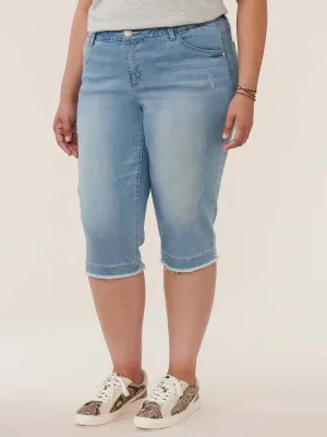 PLUS SIZE capri- "Ab"solution® Light Blue Denim Fray Hem Skimmer Jeans