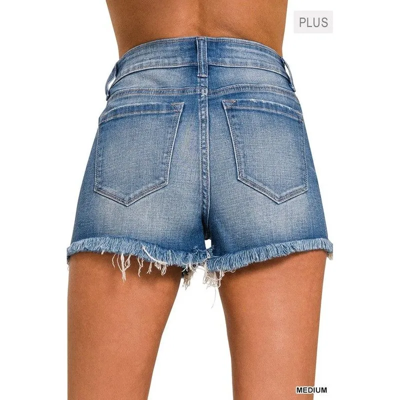 Plus Size Mid Rise Raw Frayed Hem Denim Shorts