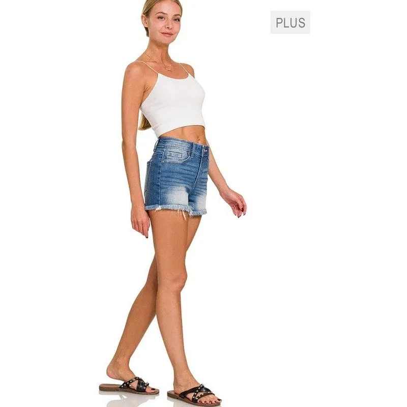 Plus Size Mid Rise Raw Frayed Hem Denim Shorts