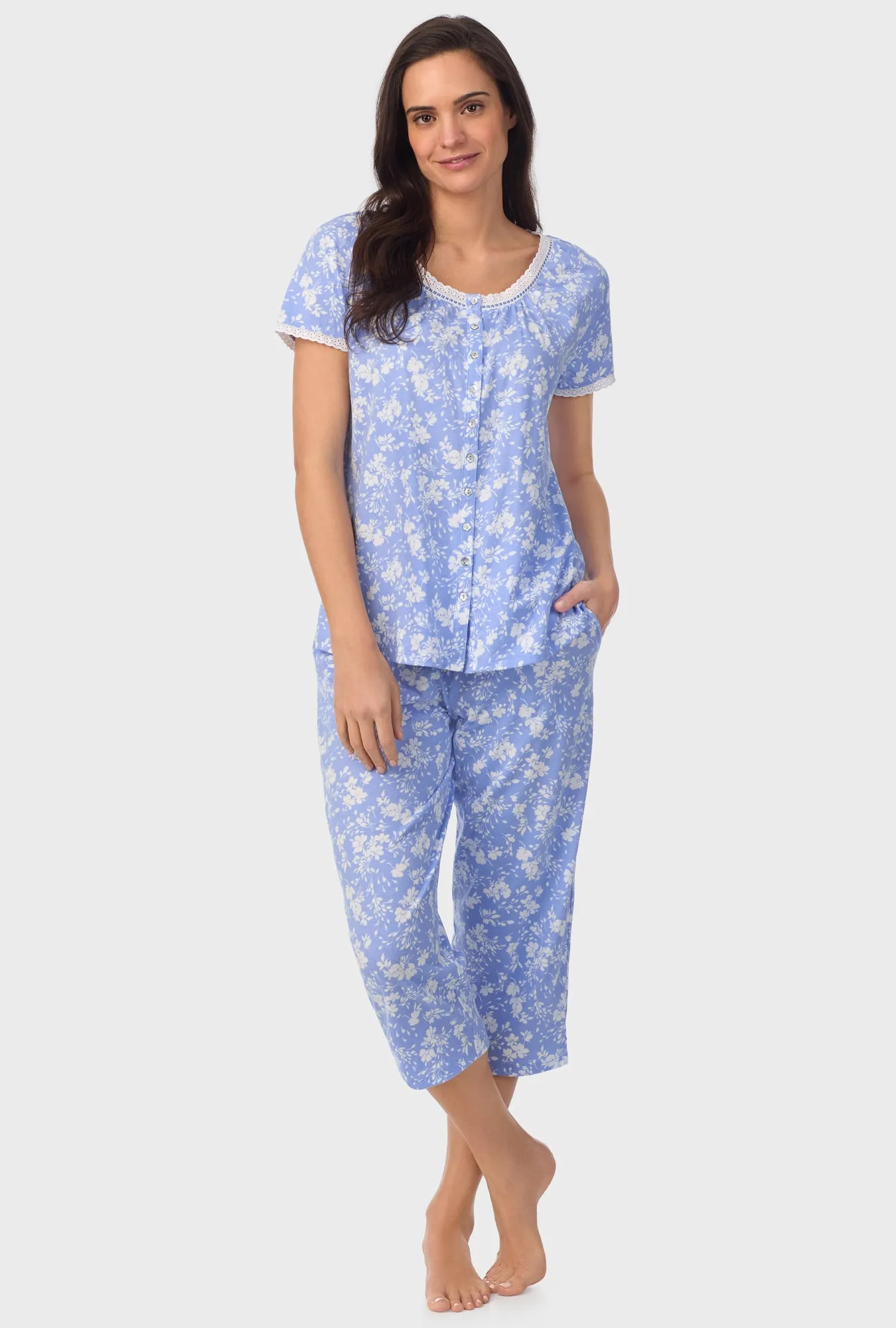 Powder Blue Floral Cap Sleeve Capri Pant PJ Set