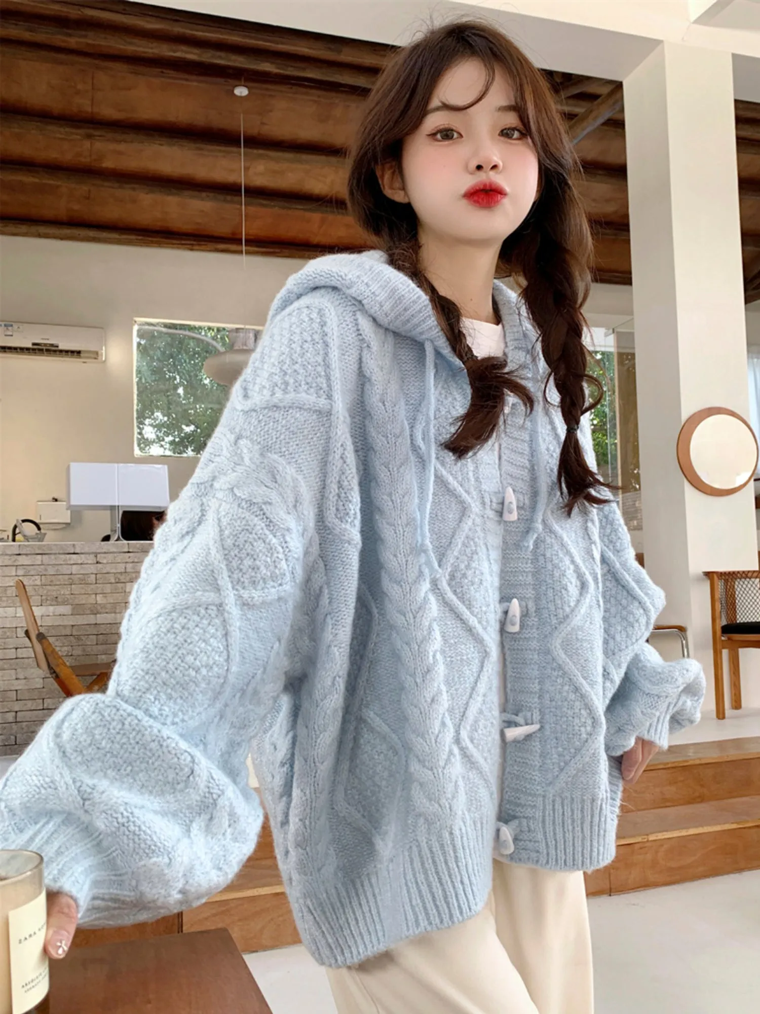 Powder Blue Horn Button Sweater: Embrace Cozy and Casual Style for 2023 Spring and Autumn