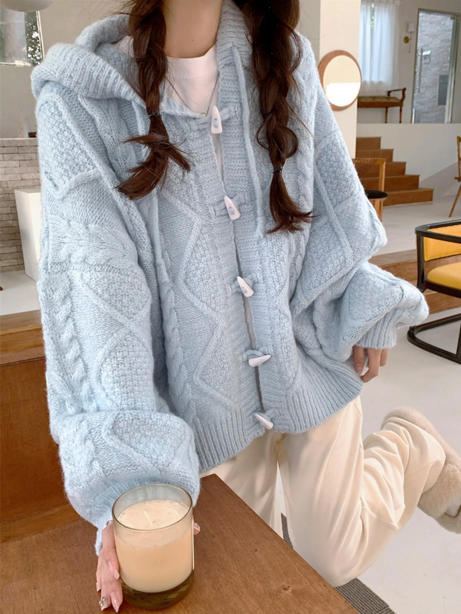 Powder Blue Horn Button Sweater: Embrace Cozy and Casual Style for 2023 Spring and Autumn