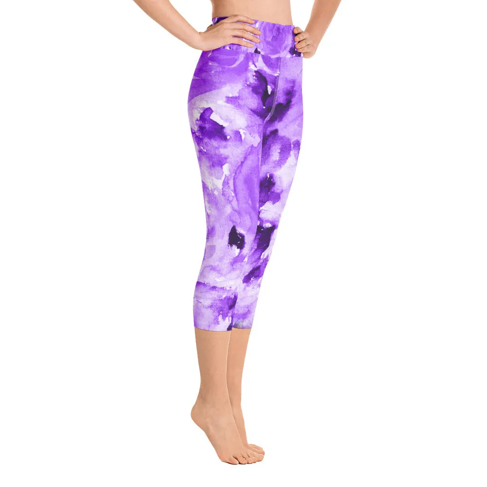 Purple Rose Floral Print Women's Capri Leggings Yoga Pants With Roses - Made in USA