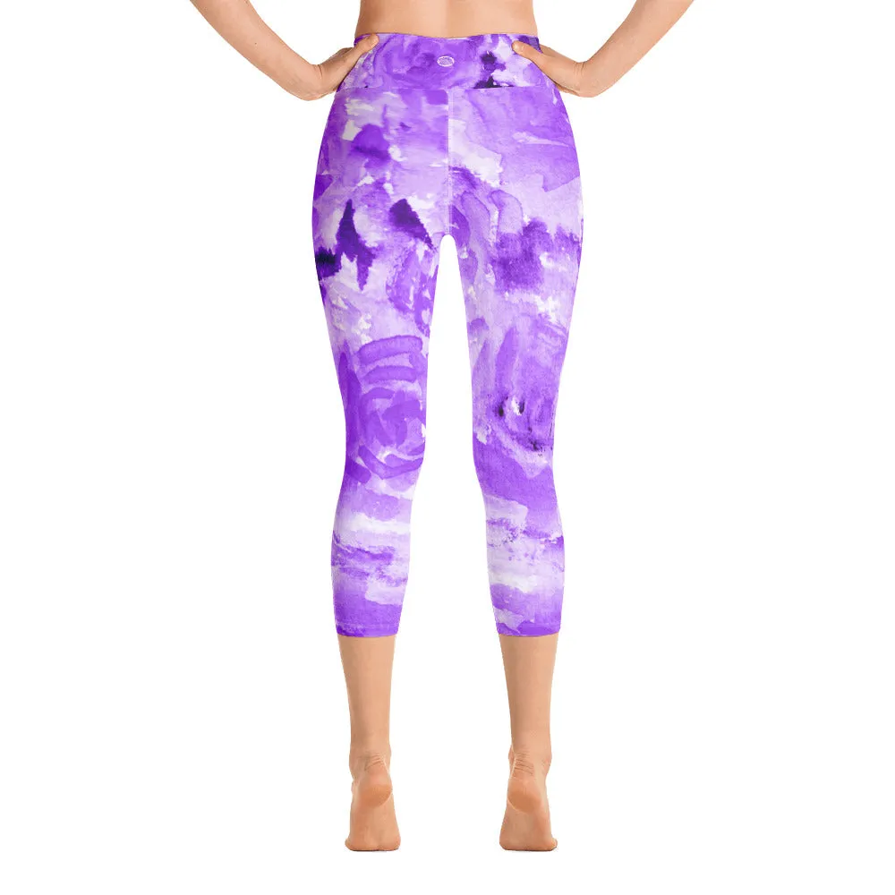 Purple Rose Floral Print Women's Capri Leggings Yoga Pants With Roses - Made in USA