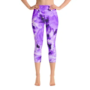 Purple Rose Floral Print Women's Capri Leggings Yoga Pants With Roses - Made in USA