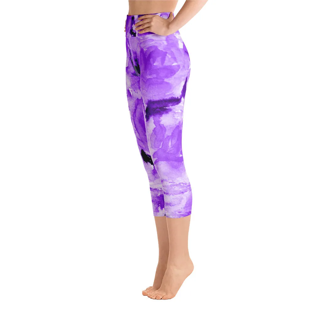 Purple Rose Floral Print Women's Capri Leggings Yoga Pants With Roses - Made in USA