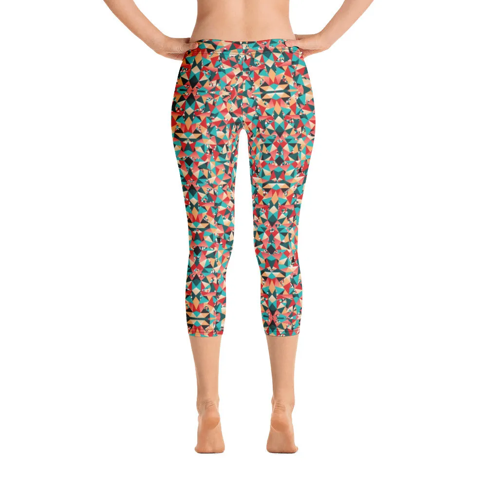 Red Geometric Women's Capri Leggings, Colorful Sexy Workout Ladies Capris Tights-Made in USA/EU/MX