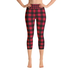 Red Plaid Yoga Capri Leggings, Red Black Buffalo Plaid Printed Tights For Ladies-Made in USA/EU/MX