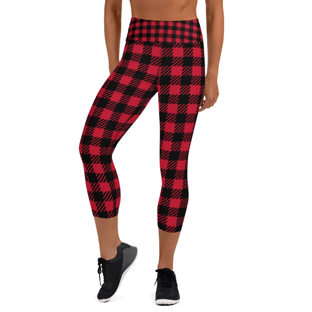 Red Plaid Yoga Capri Leggings, Red Black Buffalo Plaid Printed Tights For Ladies-Made in USA/EU/MX