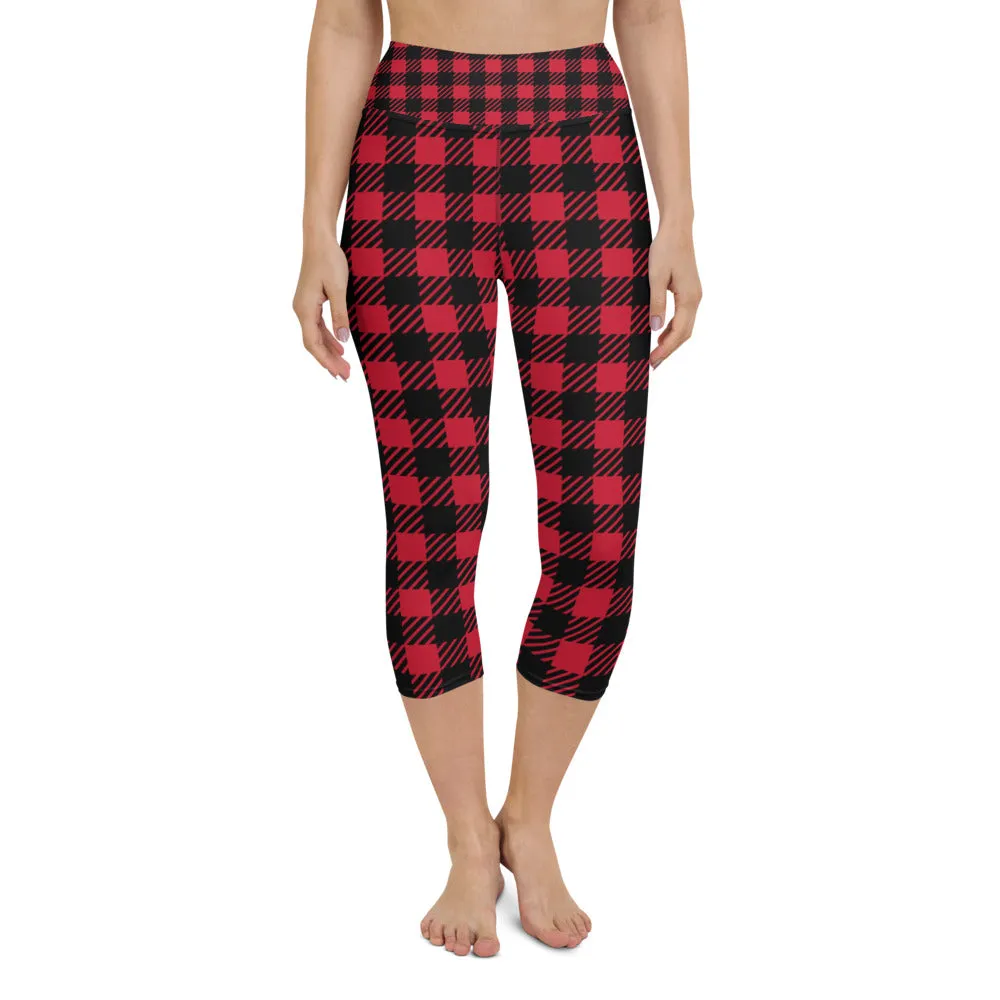 Red Plaid Yoga Capri Leggings, Red Black Buffalo Plaid Printed Tights For Ladies-Made in USA/EU/MX