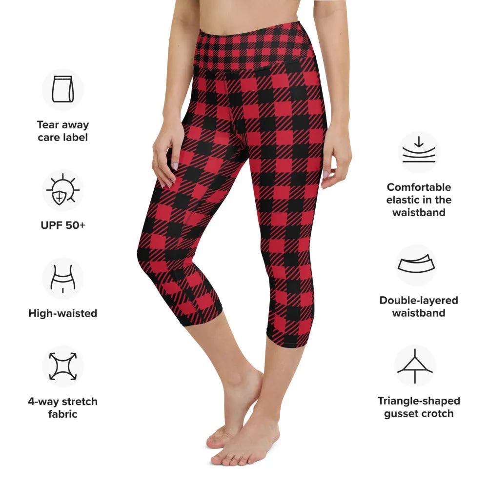 Red Plaid Yoga Capri Leggings, Red Black Buffalo Plaid Printed Tights For Ladies-Made in USA/EU/MX