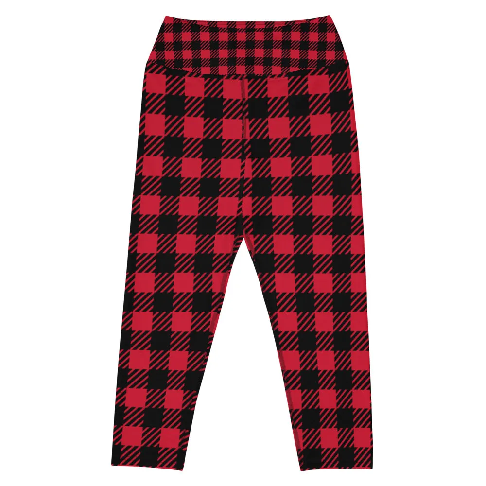 Red Plaid Yoga Capri Leggings, Red Black Buffalo Plaid Printed Tights For Ladies-Made in USA/EU/MX