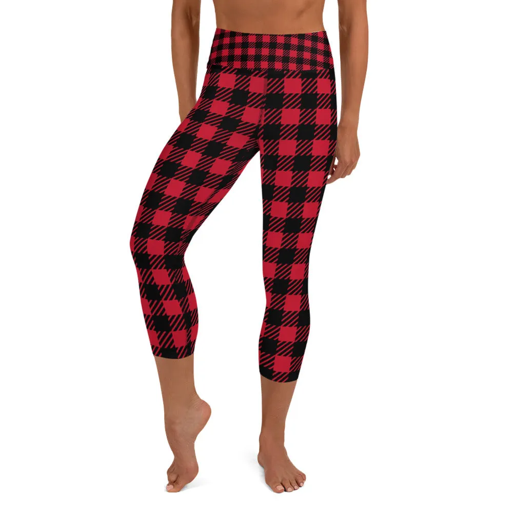 Red Plaid Yoga Capri Leggings, Red Black Buffalo Plaid Printed Tights For Ladies-Made in USA/EU/MX