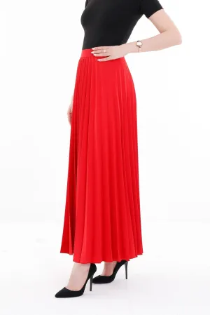 Red Pleated Ankle Length Skirt - Maxi Skirt Elastic Waist Band