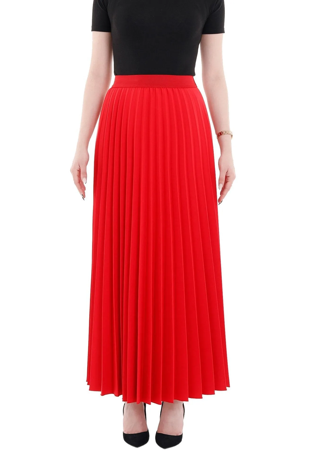 Red Pleated Ankle Length Skirt - Maxi Skirt Elastic Waist Band