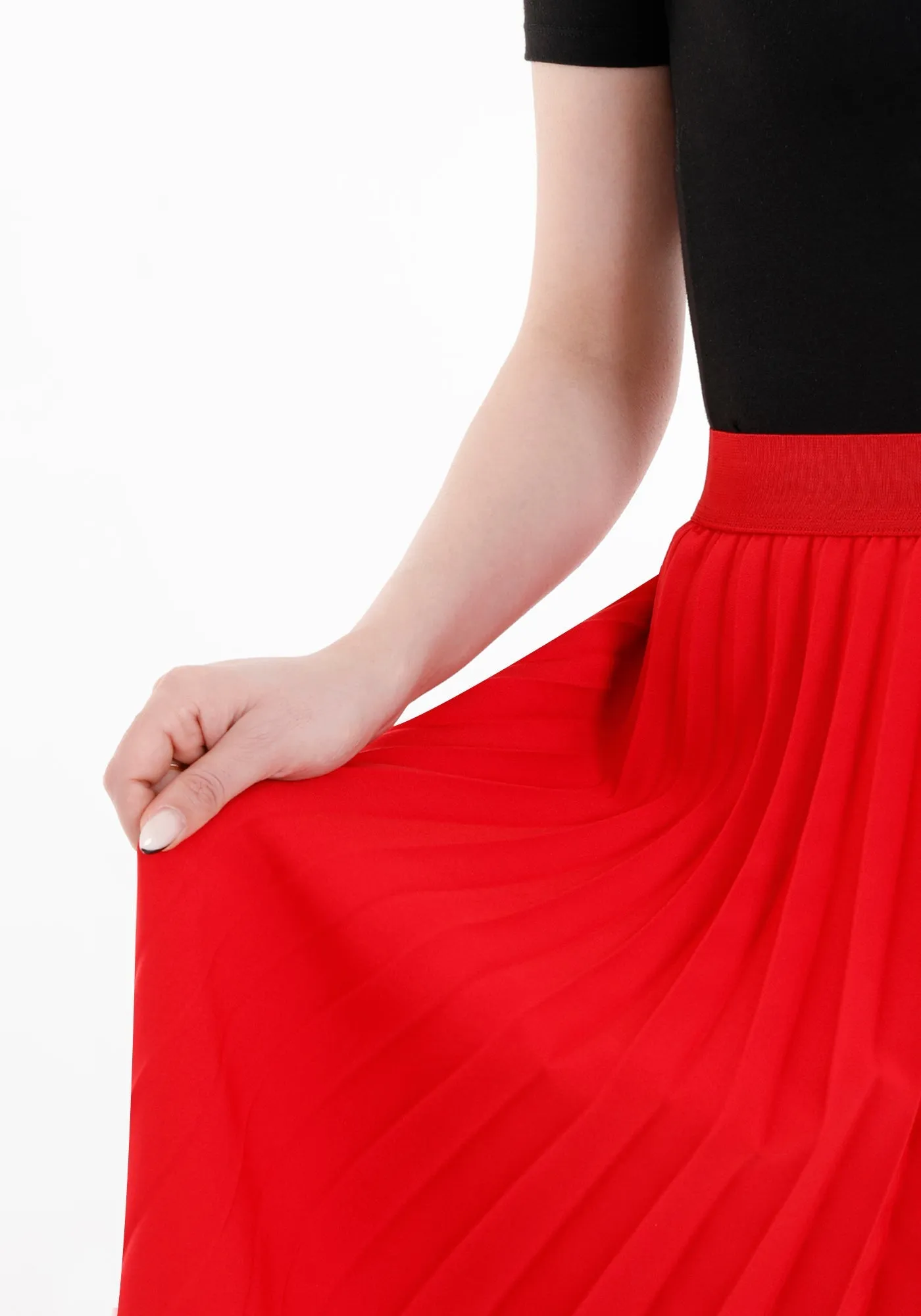 Red Pleated Ankle Length Skirt - Maxi Skirt Elastic Waist Band