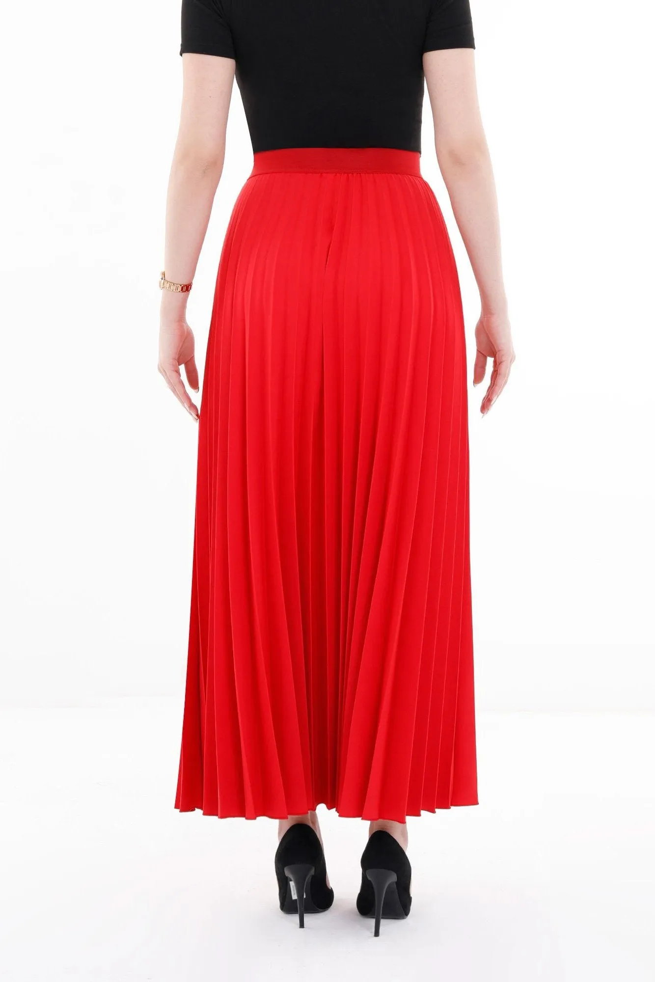 Red Pleated Ankle Length Skirt - Maxi Skirt Elastic Waist Band