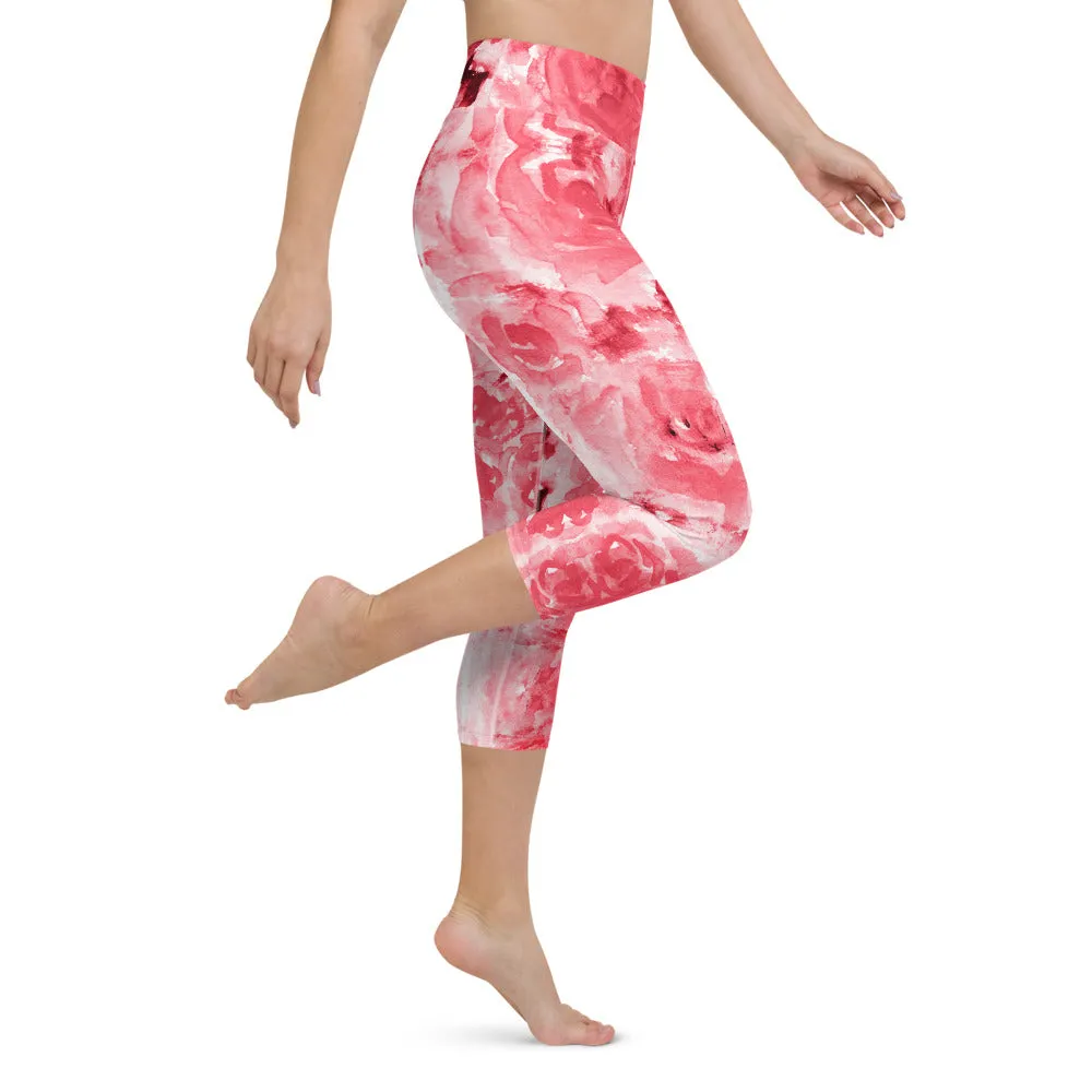 Red Rose Yoga Capri Leggings, Abstract Floral Print Women's Capris Tights-Made in USA/EU