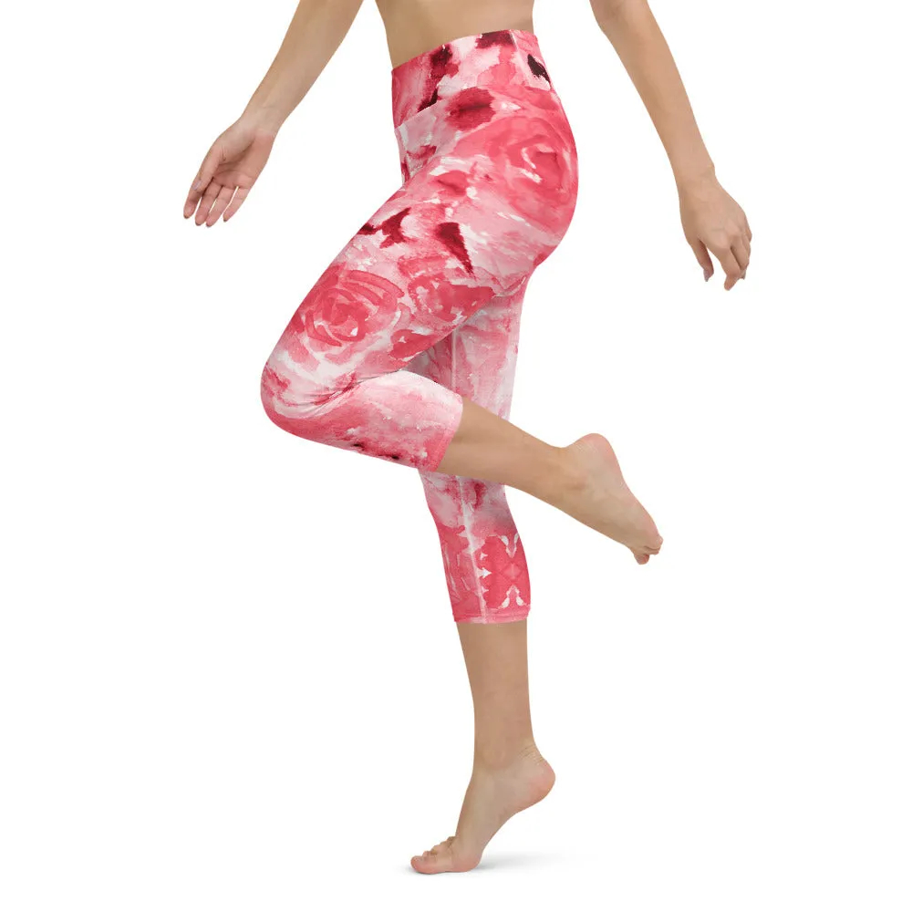 Red Rose Yoga Capri Leggings, Abstract Floral Print Women's Capris Tights-Made in USA/EU