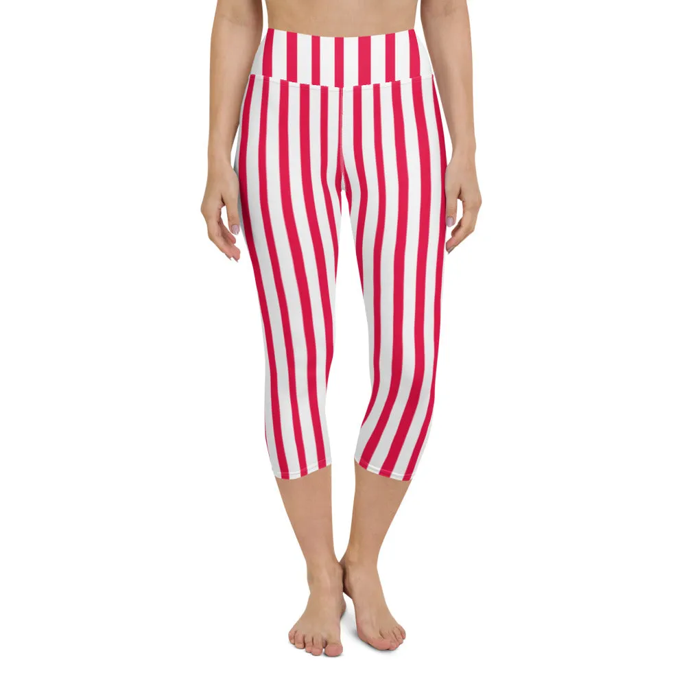 Red Striped Capri Pants, Women's Circus Stripes Yoga Designer Capri Leggings-Made in USA/EU