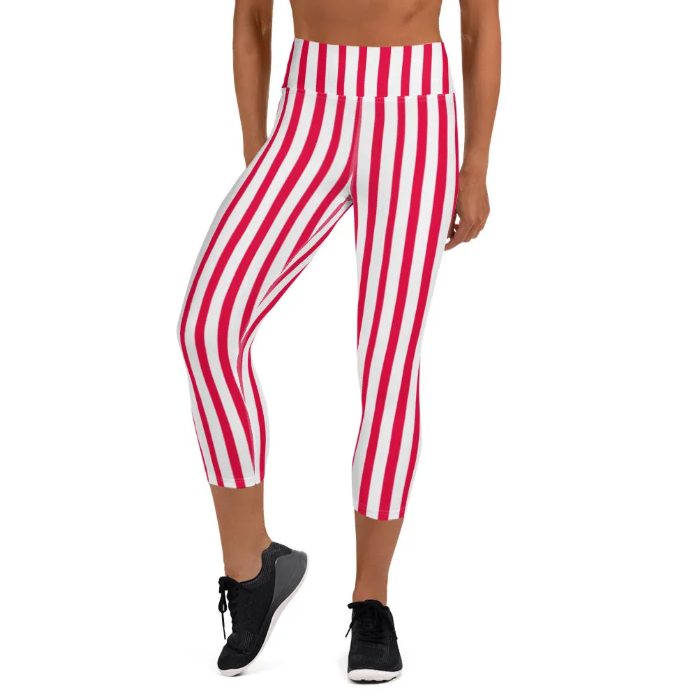 Red Striped Capri Pants, Women's Circus Stripes Yoga Designer Capri Leggings-Made in USA/EU