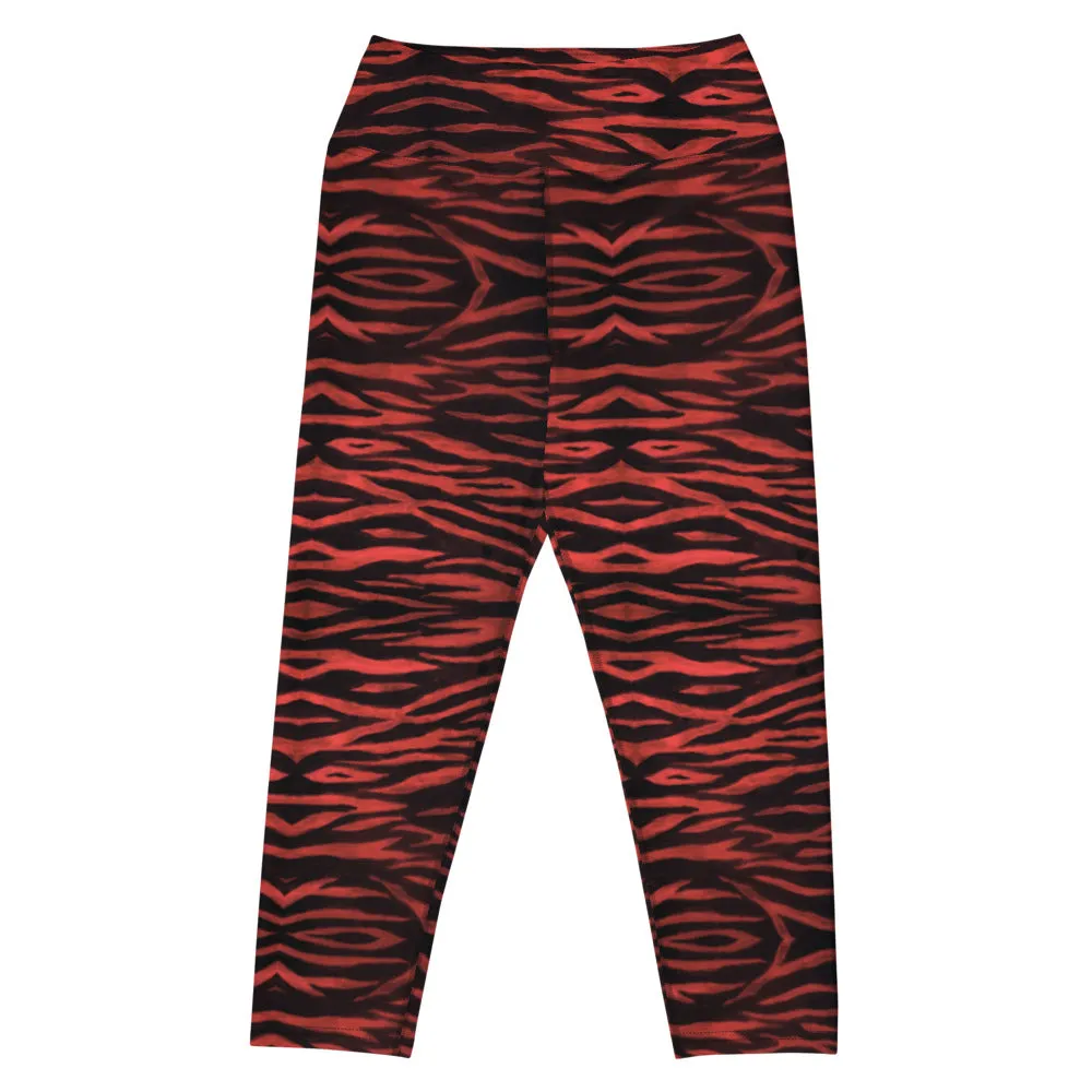 Red Tiger Yoga Capri Leggings, Cute Tiger Striped Animal Print Women's Capris Tights-Made in USA/EU