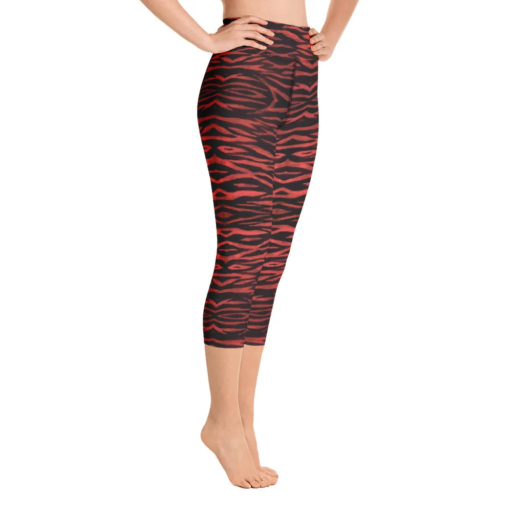 Red Tiger Yoga Capri Leggings, Cute Tiger Striped Animal Print Women's Capris Tights-Made in USA/EU