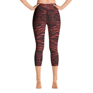 Red Tiger Yoga Capri Leggings, Cute Tiger Striped Animal Print Women's Capris Tights-Made in USA/EU