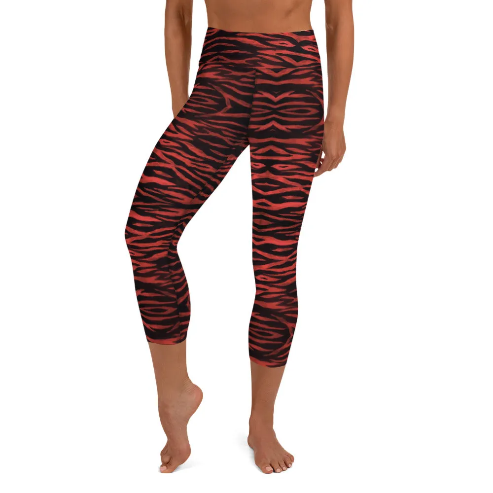 Red Tiger Yoga Capri Leggings, Cute Tiger Striped Animal Print Women's Capris Tights-Made in USA/EU