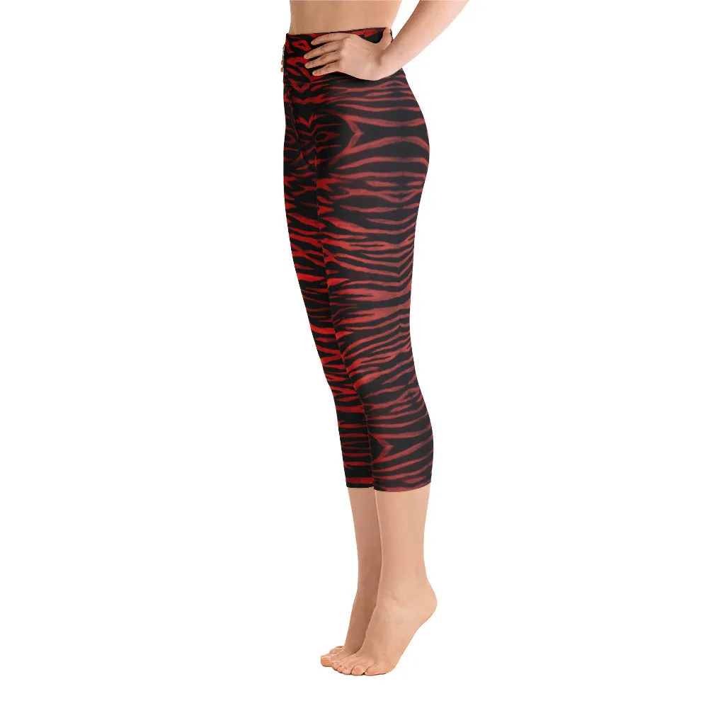 Red Tiger Yoga Capri Leggings, Cute Tiger Striped Animal Print Women's Capris Tights-Made in USA/EU