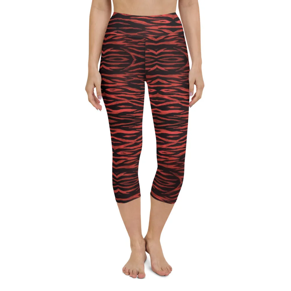 Red Tiger Yoga Capri Leggings, Cute Tiger Striped Animal Print Women's Capris Tights-Made in USA/EU