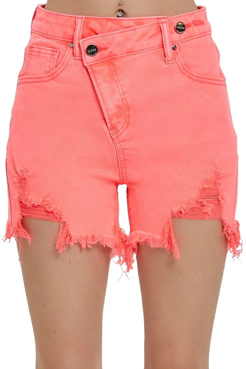 RISEN Asymmetrical Cut-off Mid-Rise Distressed Pink Denim Frayed Jean Shorts