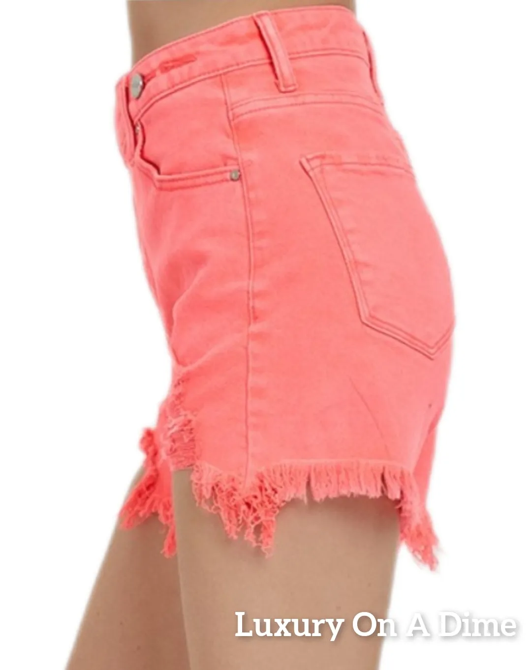 RISEN Asymmetrical Cut-off Mid-Rise Distressed Pink Denim Frayed Jean Shorts