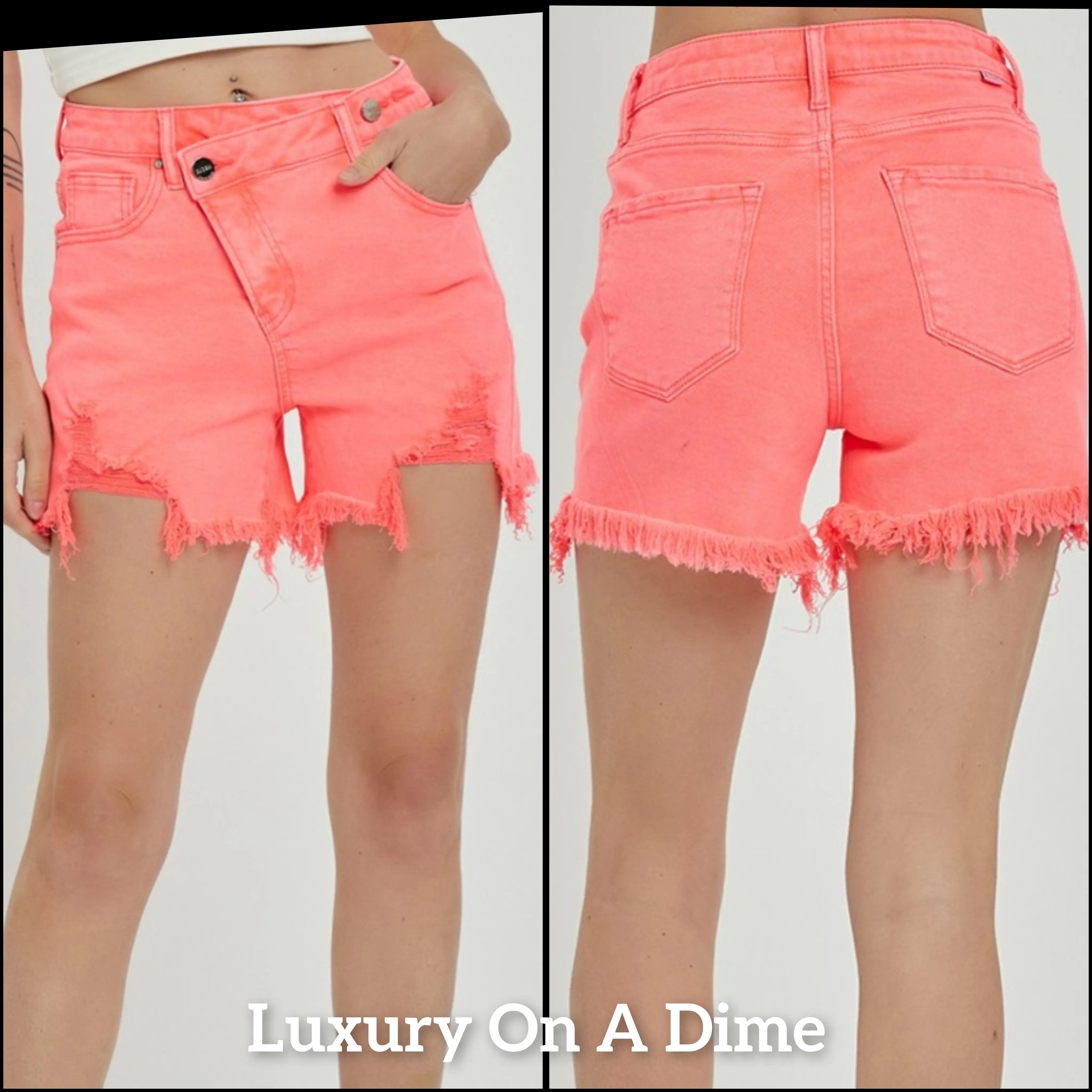 RISEN Asymmetrical Cut-off Mid-Rise Distressed Pink Denim Frayed Jean Shorts