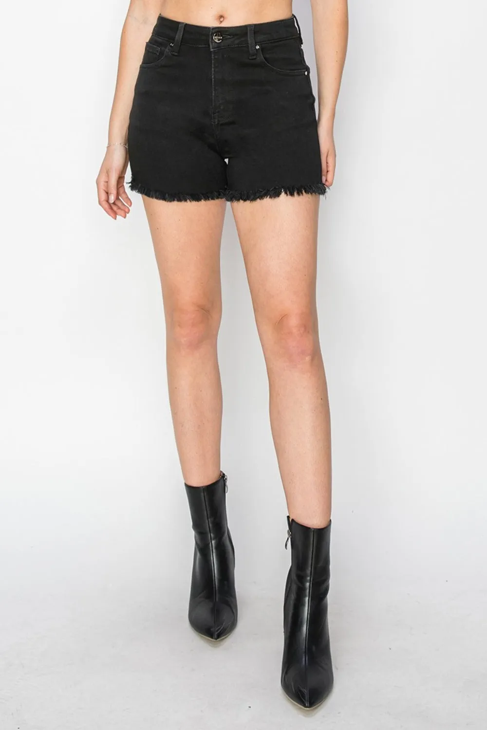 RISEN Black Cut-off Frayed High Rise Waist Distressed Denim Mid-length Jean Shorts