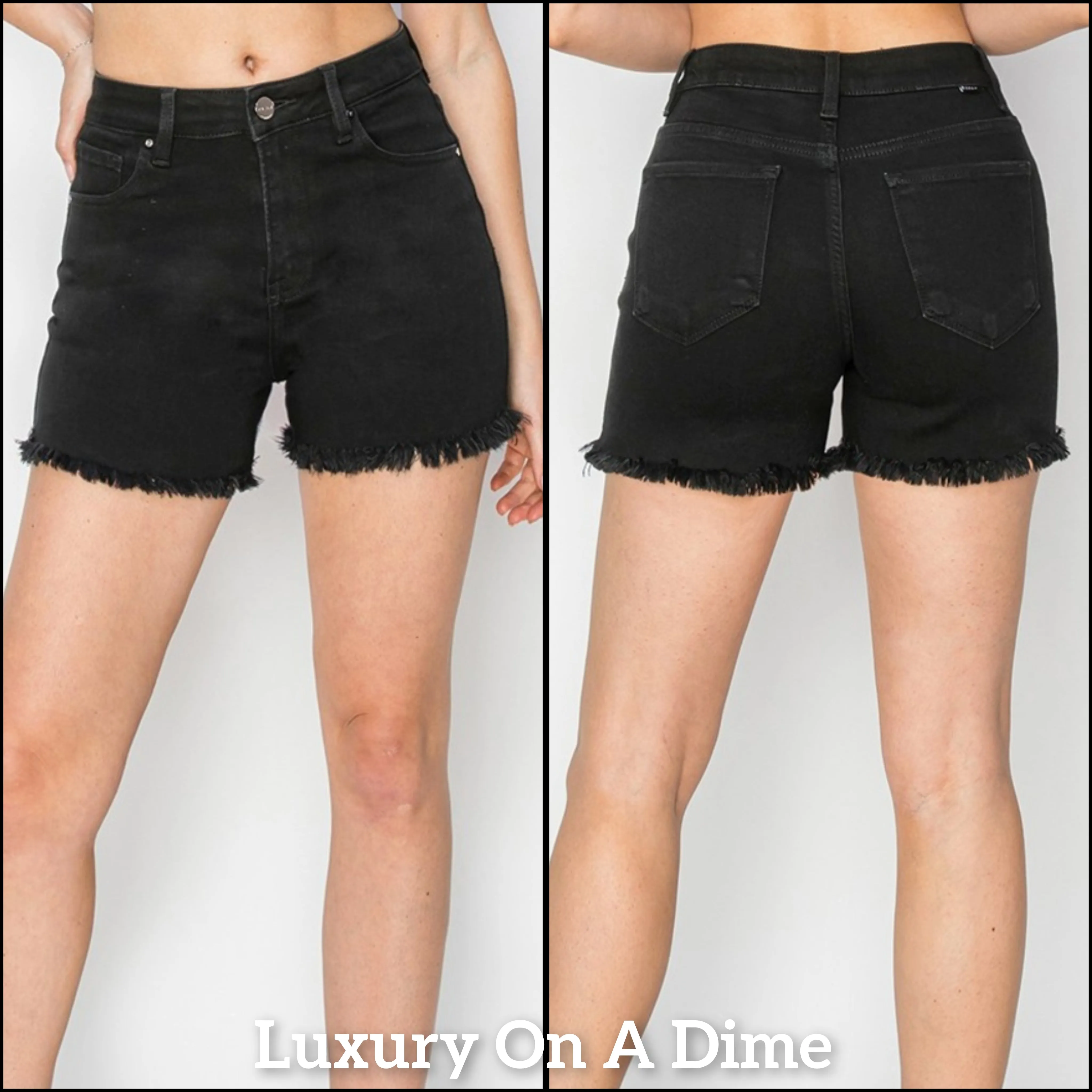 RISEN Black Cut-off Frayed High Rise Waist Distressed Denim Mid-length Jean Shorts