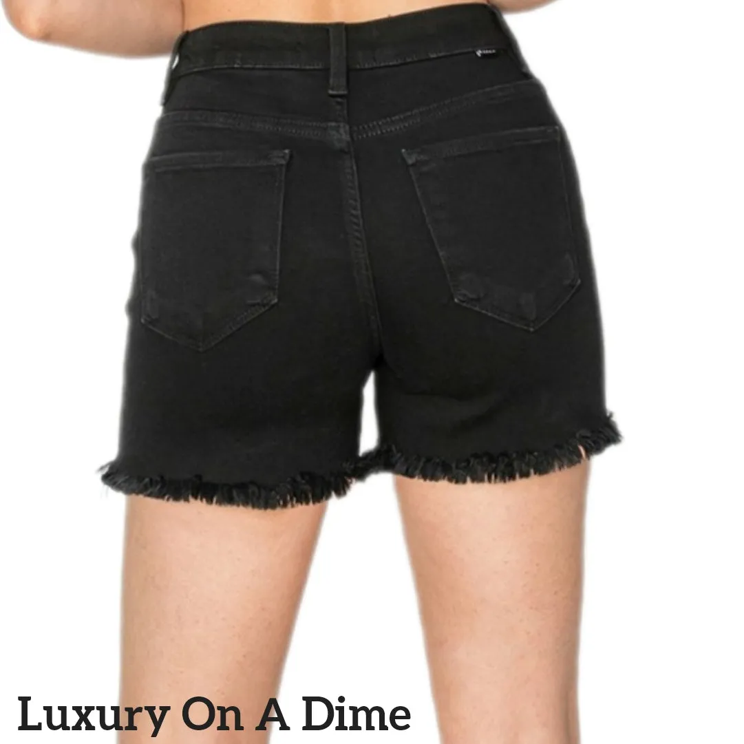 RISEN Black Cut-off Frayed High Rise Waist Distressed Denim Mid-length Jean Shorts