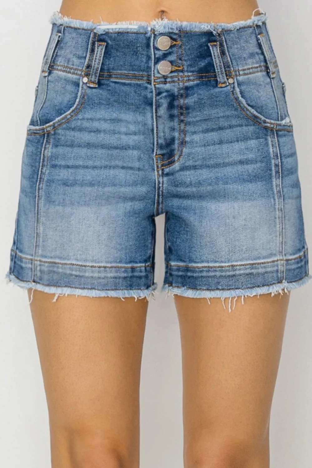 RISEN Torn High Rise Double Button Waist Denim Frayed Cut-off Distressed Jean Shorts