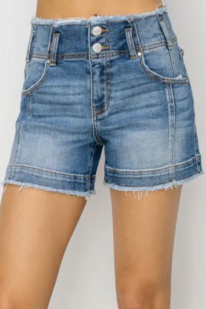 RISEN Torn High Rise Double Button Waist Denim Frayed Cut-off Distressed Jean Shorts