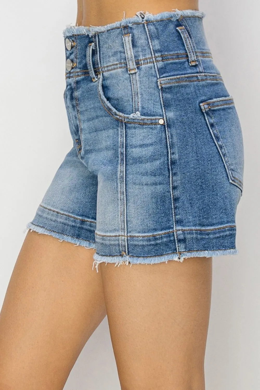 RISEN Torn High Rise Double Button Waist Denim Frayed Cut-off Distressed Jean Shorts