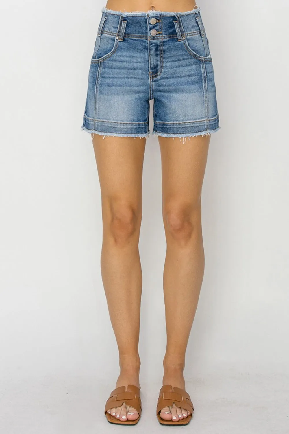 RISEN Torn High Rise Double Button Waist Denim Frayed Cut-off Distressed Jean Shorts