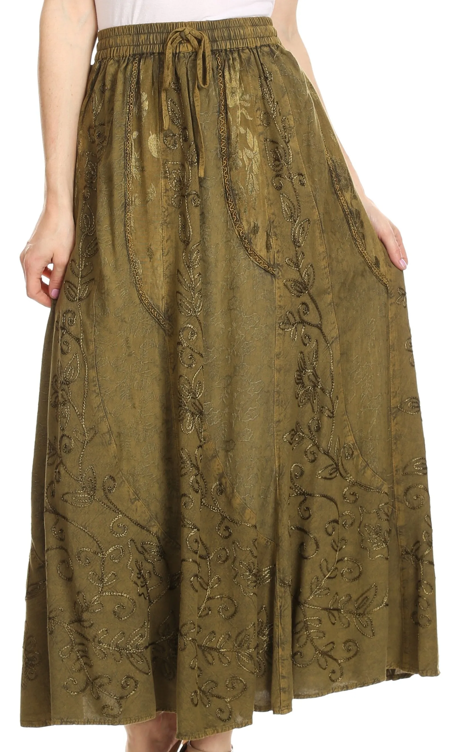 Sakkas Debora Full Length Embroidered Maxi Skirt with Adjustable Waist