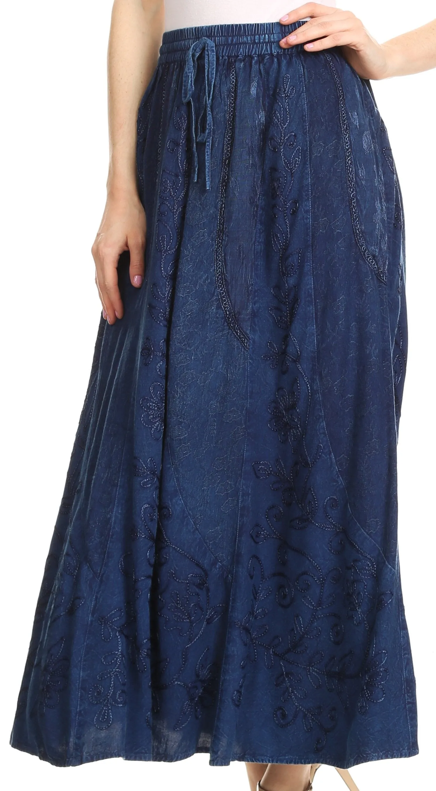 Sakkas Debora Full Length Embroidered Maxi Skirt with Adjustable Waist