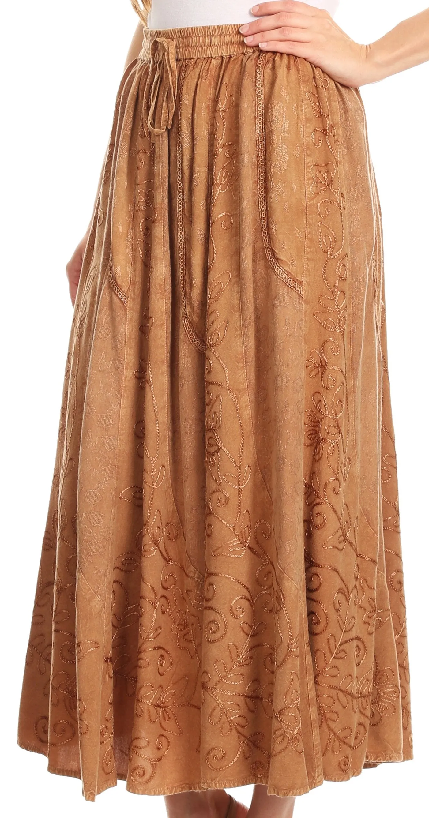 Sakkas Debora Full Length Embroidered Maxi Skirt with Adjustable Waist