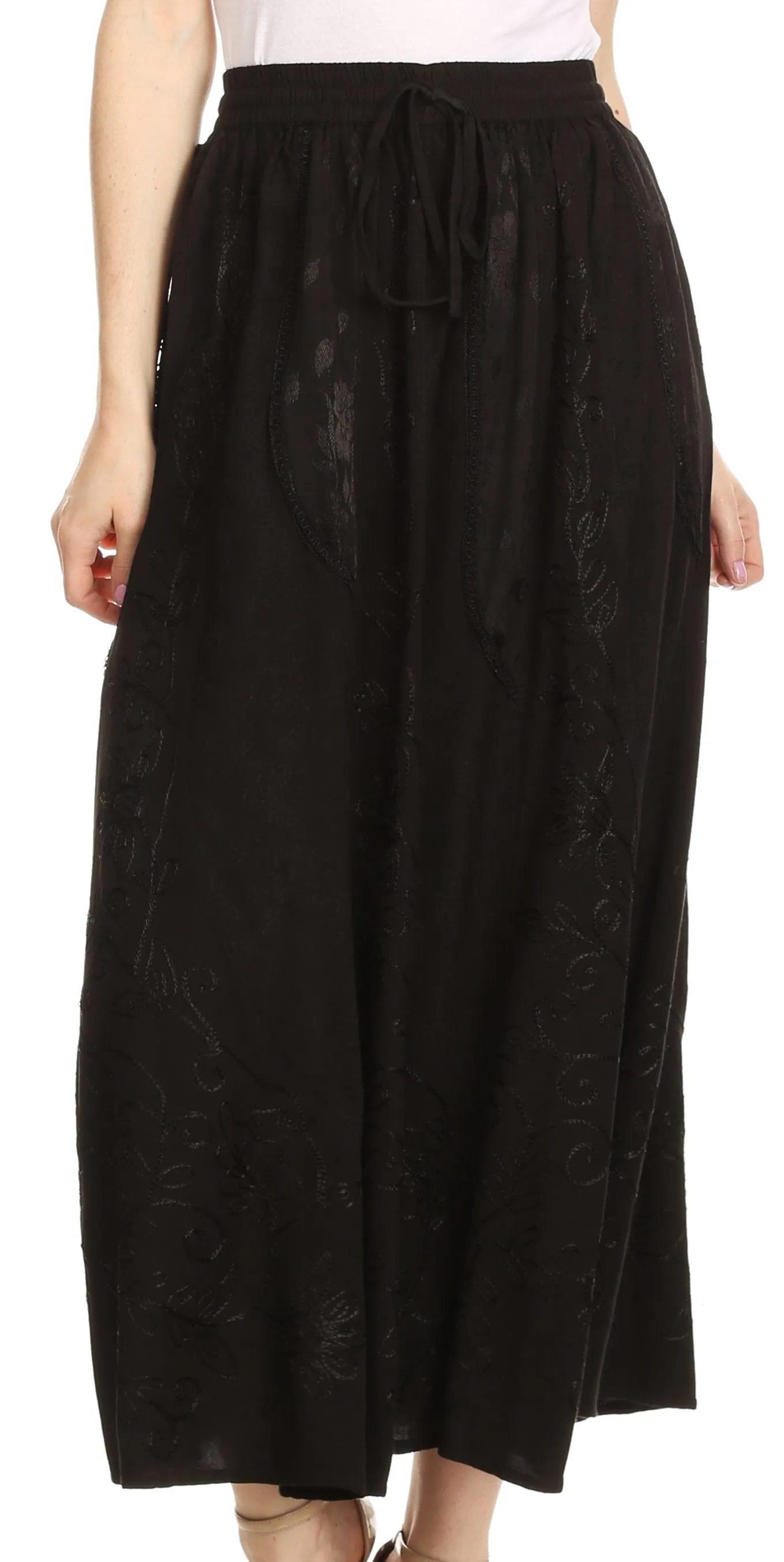 Sakkas Debora Full Length Embroidered Maxi Skirt with Adjustable Waist