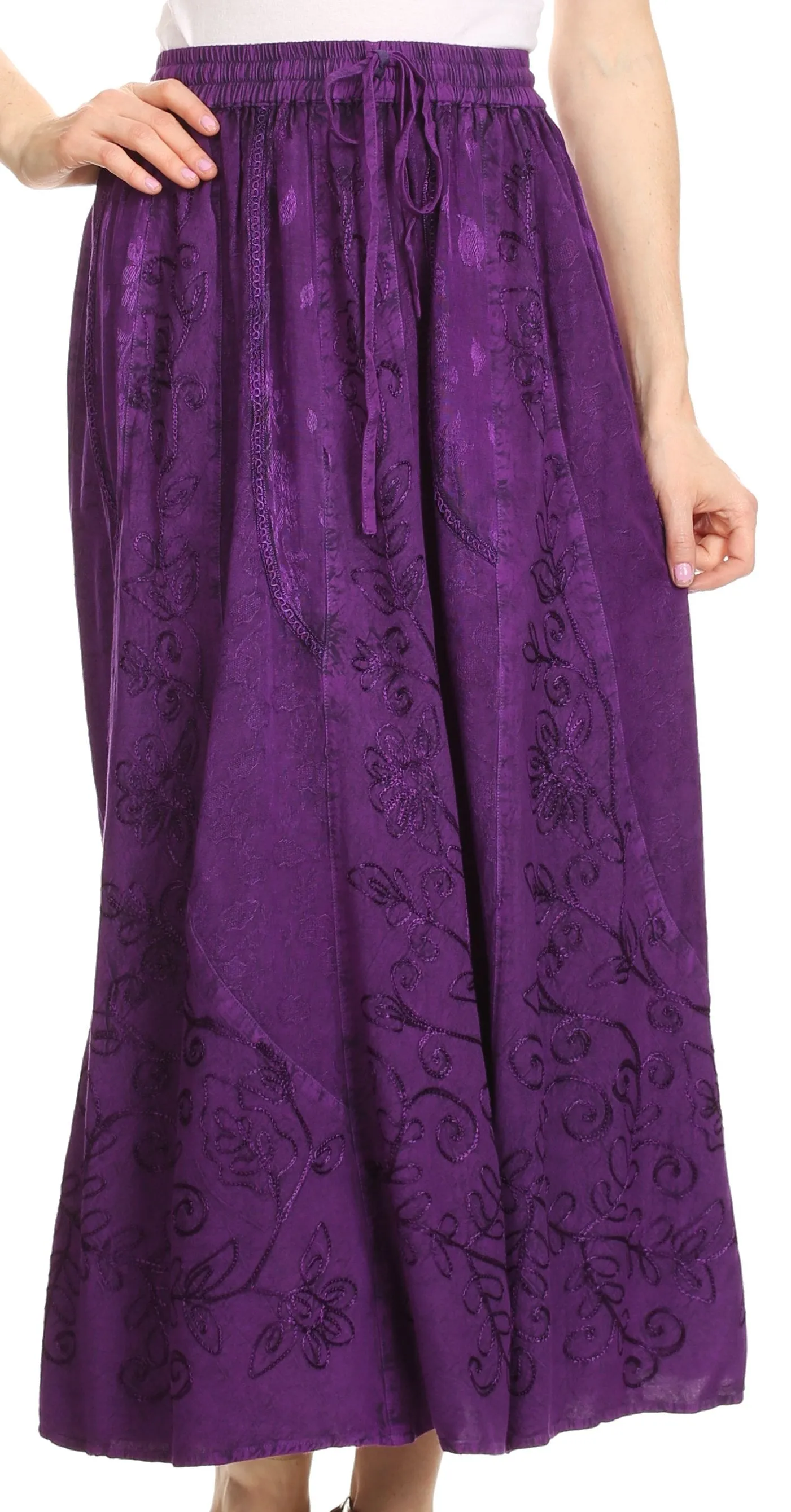 Sakkas Debora Full Length Embroidered Maxi Skirt with Adjustable Waist