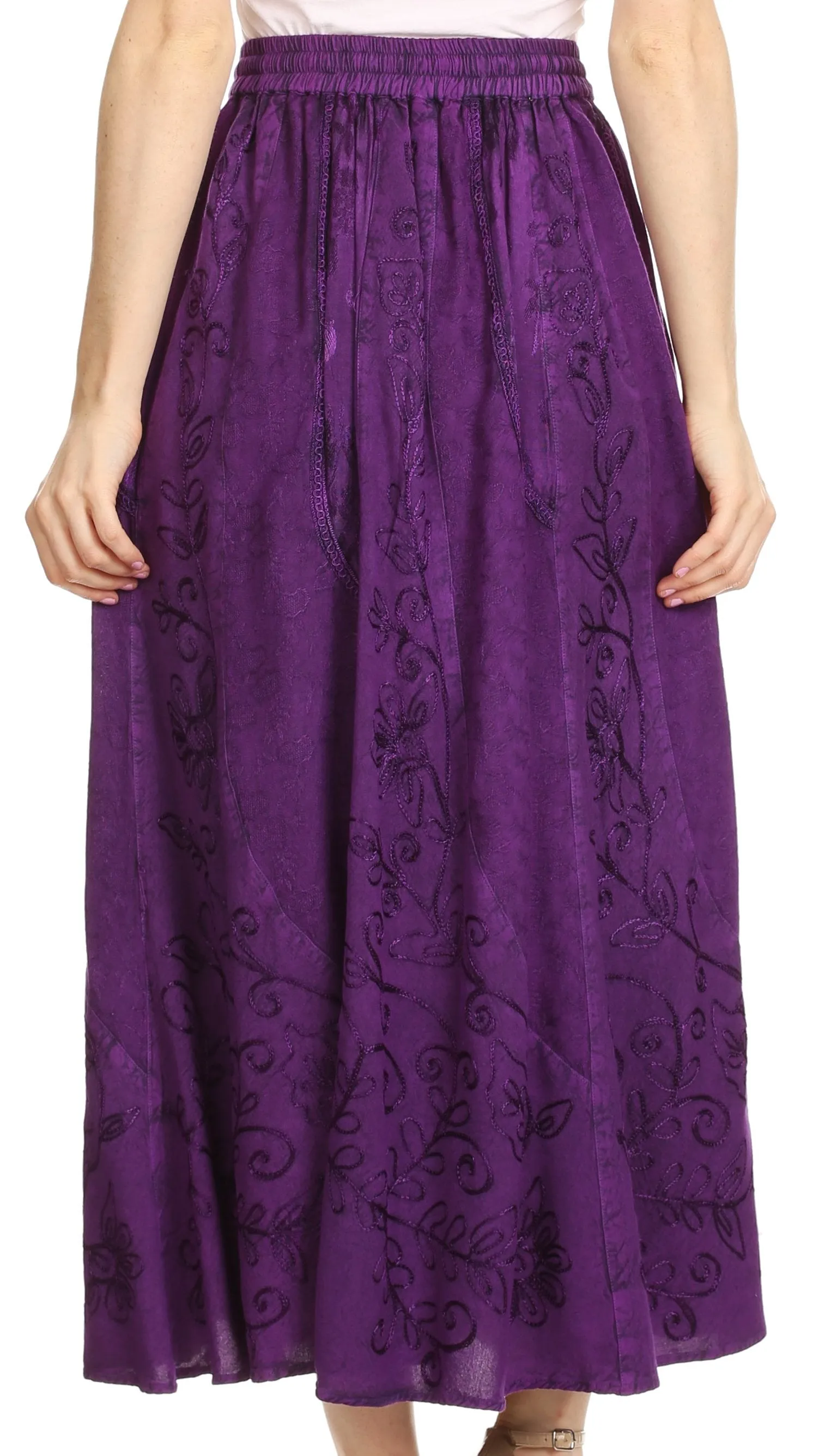 Sakkas Debora Full Length Embroidered Maxi Skirt with Adjustable Waist