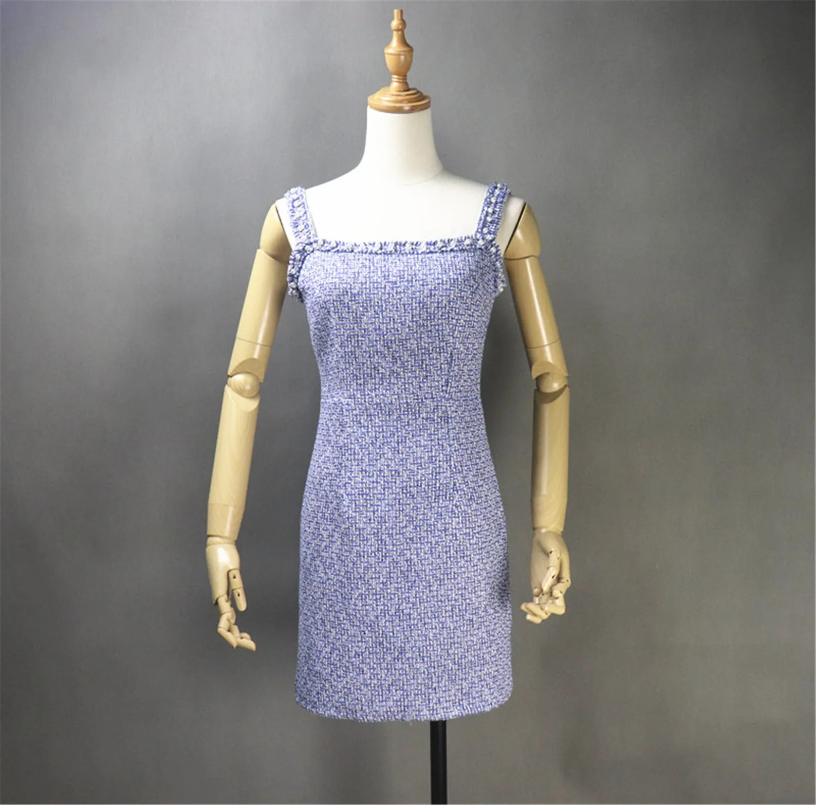 Sheath Custom Made Blue Tweed Mini/ Midi Dress