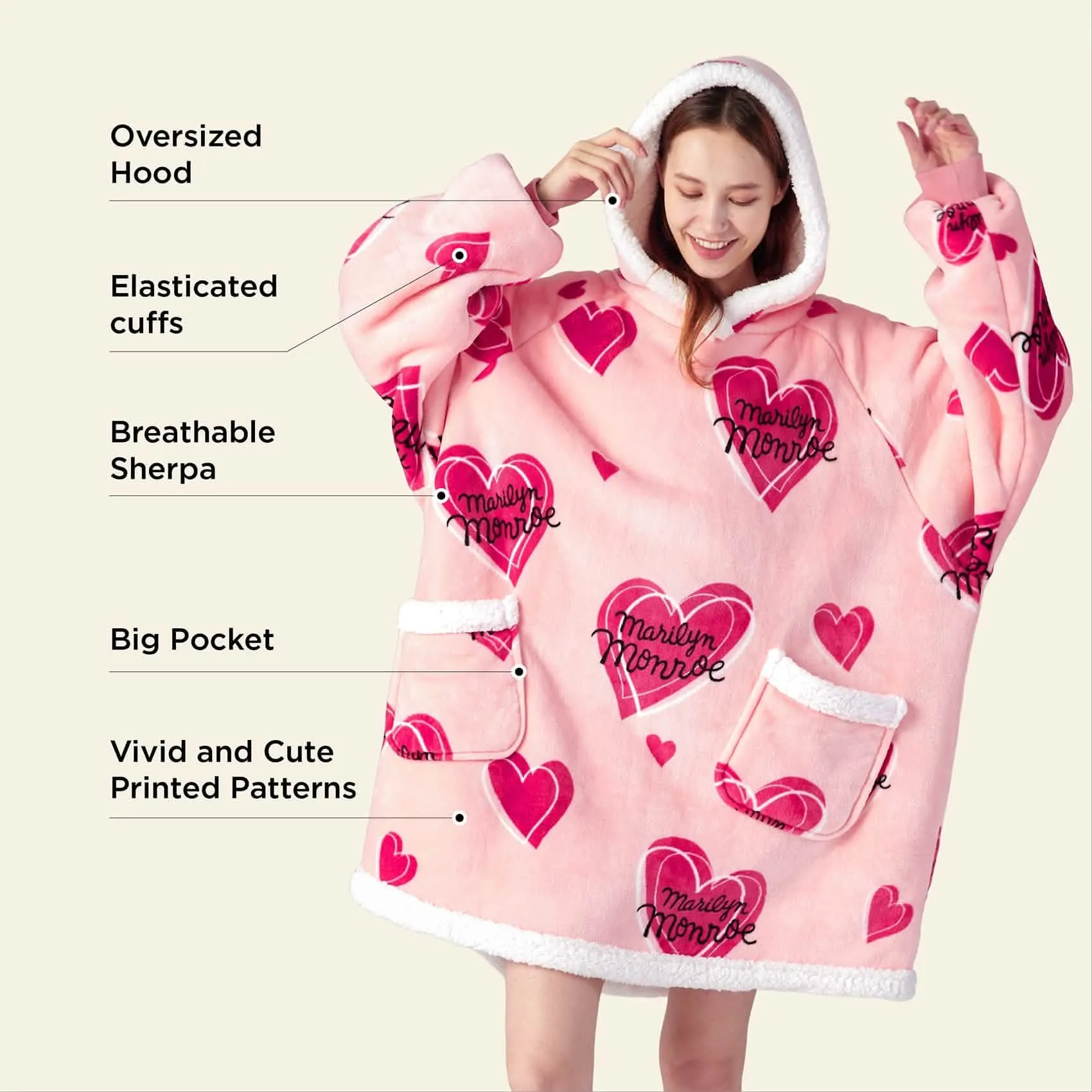 Sherpa Fleece Wearable Blanket- Pink Heart